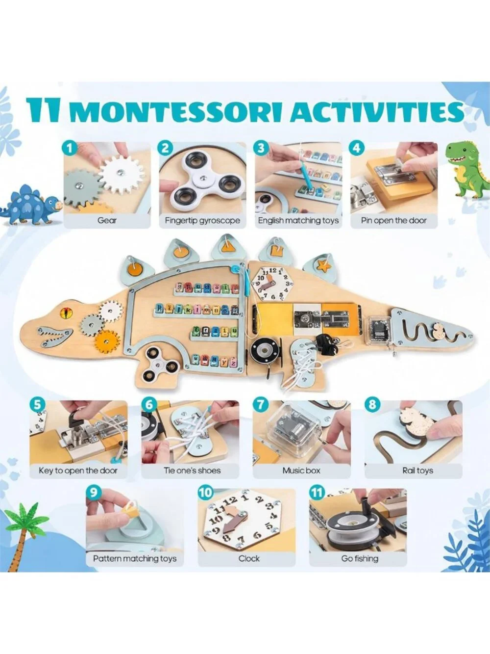Wooden Dinosaur Busy Board - Wall Mounted Montessori Sensory Activity Panel